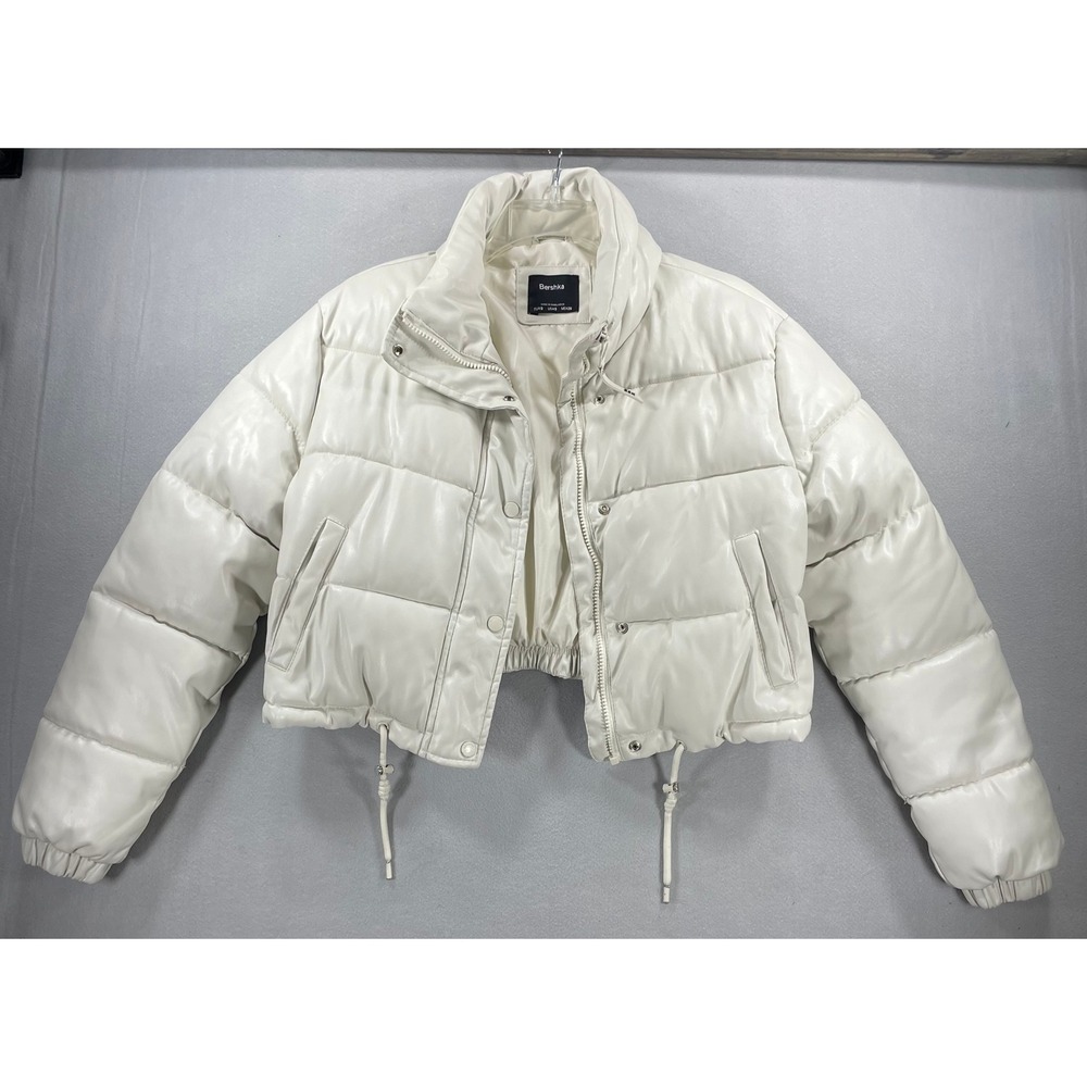Bershka Puffer Jacket Womens Size Small Faux Leather Off White Cropped BSK Coat